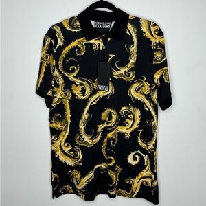 Versace Jeans Baroque Print Polo Shirt Black Gold Men’s Size Medium